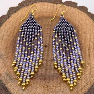 Beaded Fringe Dangle Earrings Purple Violet Lavender Gold Glass Beads Beadwork